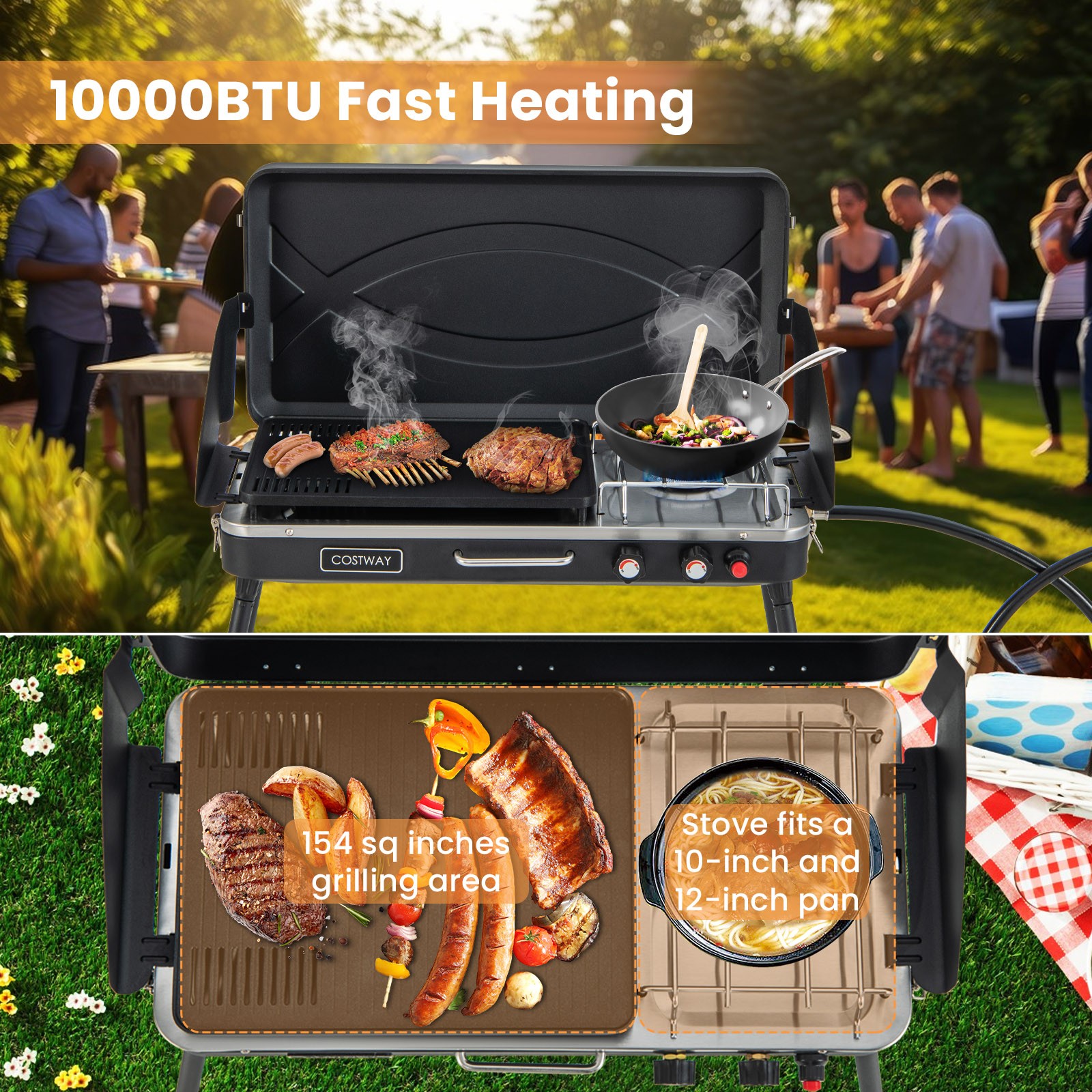 2-in-1 Propane Gas Grill w/ 10,000 BTU Burner & Dual Control Knobs Black