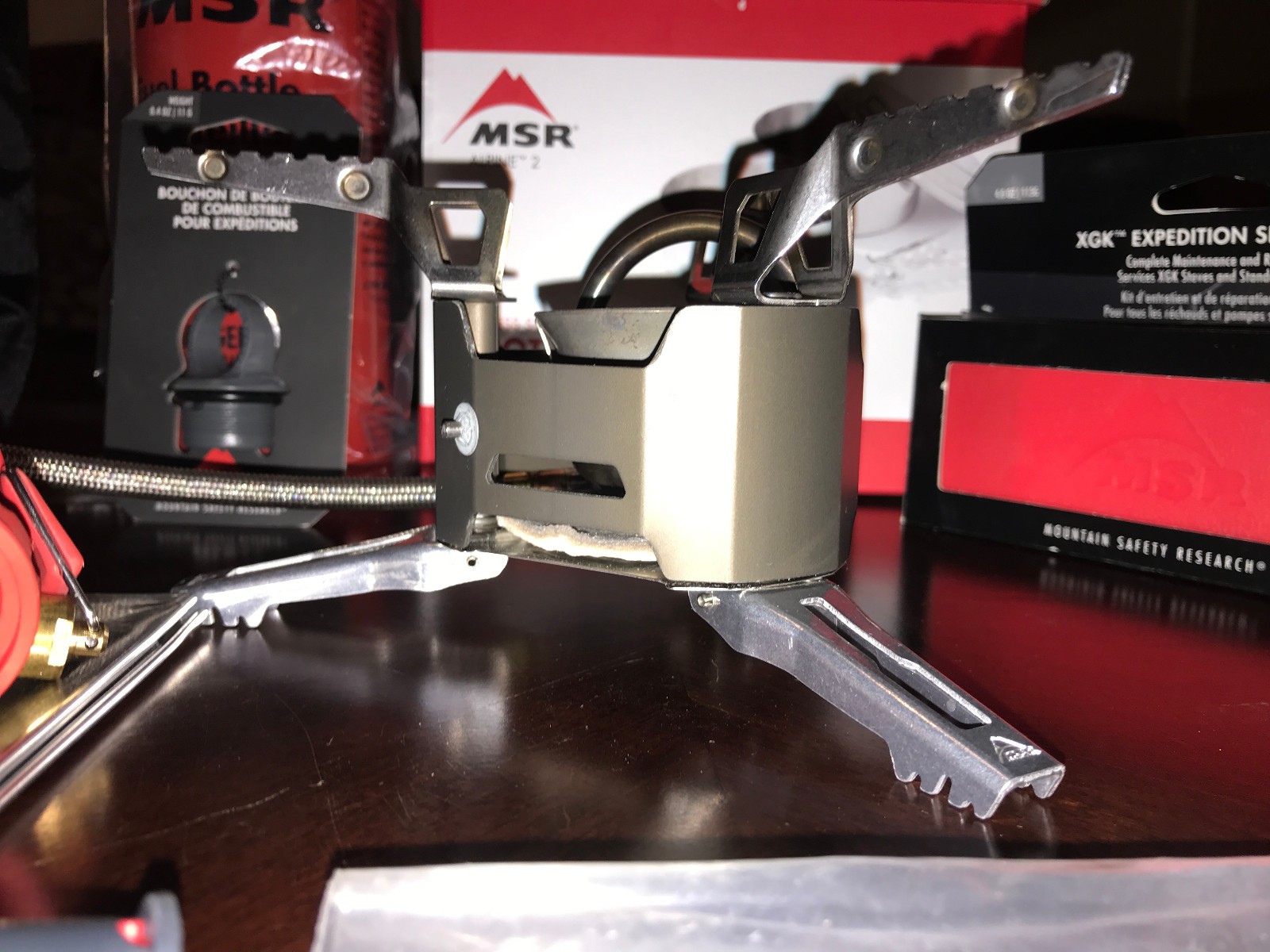 Preowned MSR XGK EX Stove w/ NEW 30 oz Fuel Bottle, MSR Alpine Pot Set, Etc.