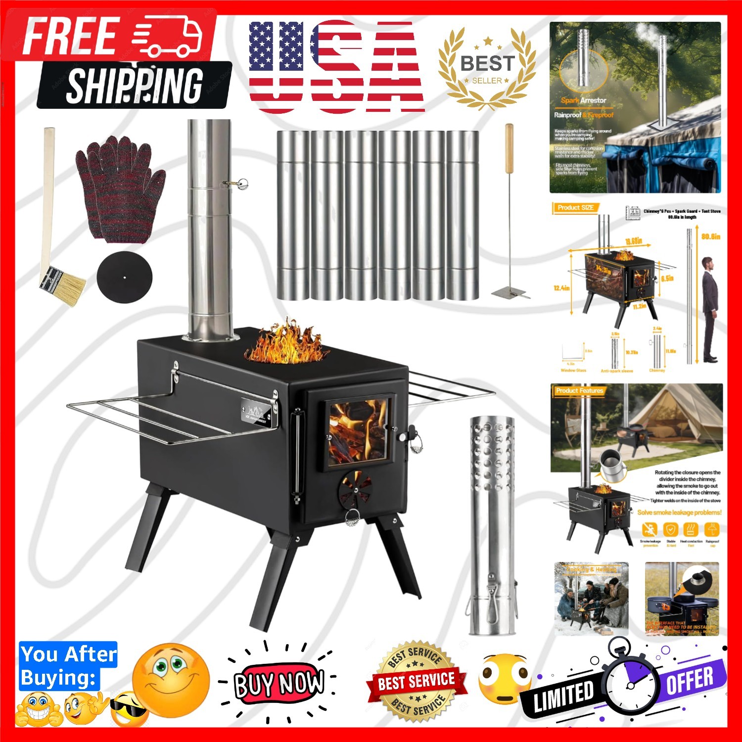 Hot Tent Stove, Wood Burning Stove,Small Wood Stove with 7 Stainless Chimney …