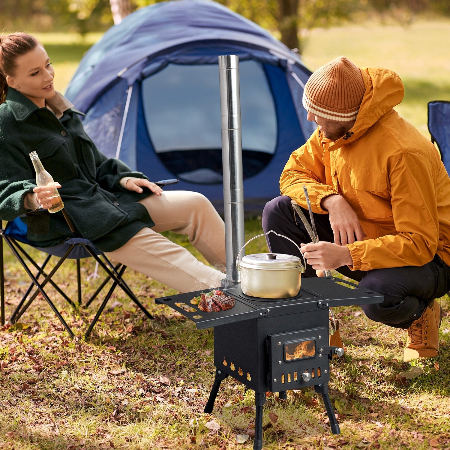 Camping Wood Stove Stainless Steel Camping Tent Stove Burning Stove with 3 Pipes