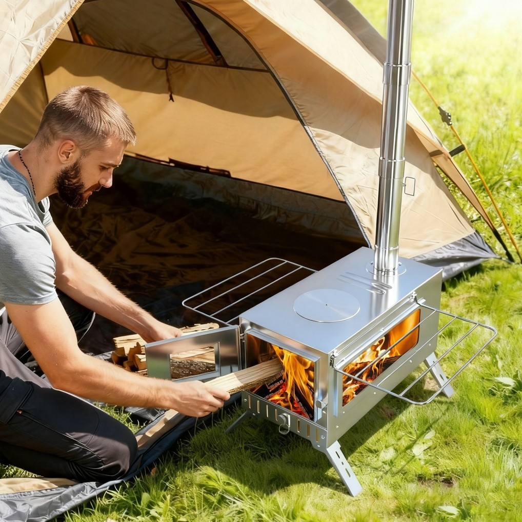 Portable Wood Burning Stove with 6 Stainless Chimney Pipes for Outdoor Hot Tent