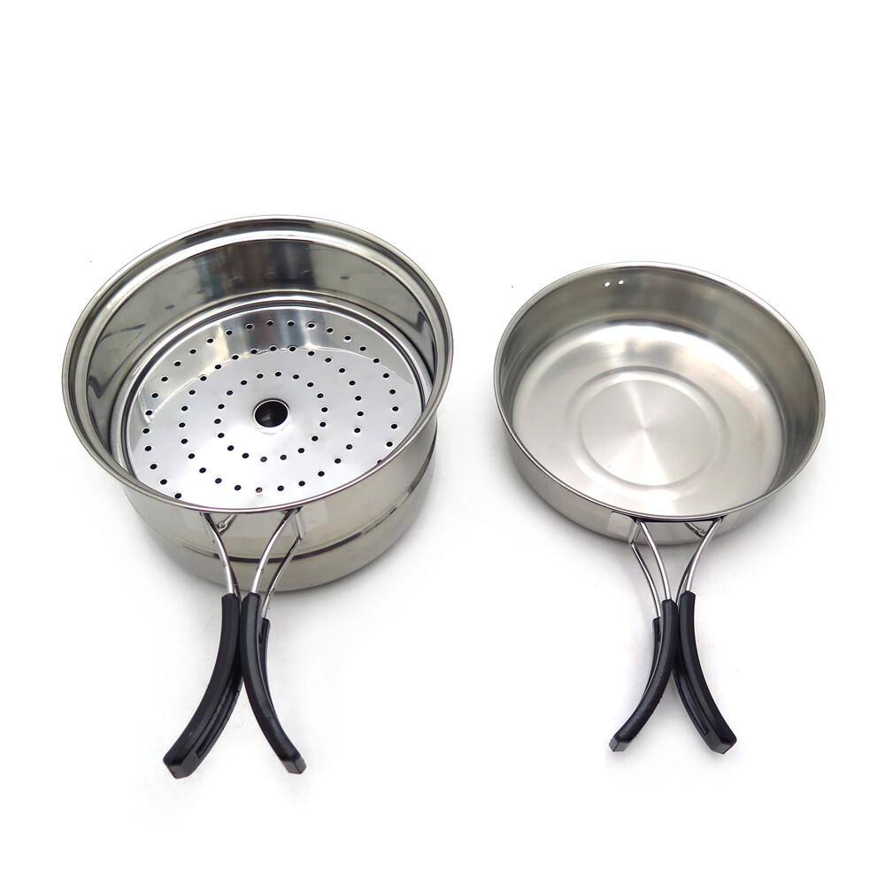 3PCS Outdoor Camping Cookware Stainless Steel Cooking Picnic Bowl Pot Pan Set