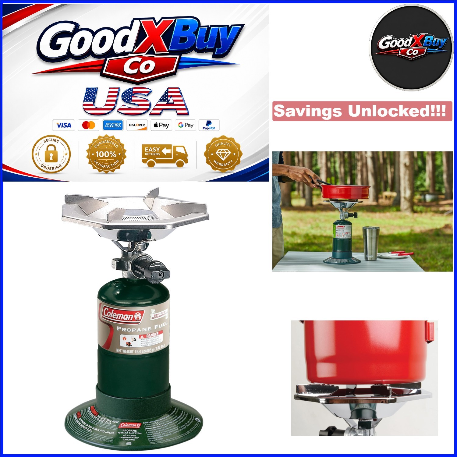 Coleman Bottletop Propane Stove 10,000 BTUs Adjustable Wind Baffles Compact