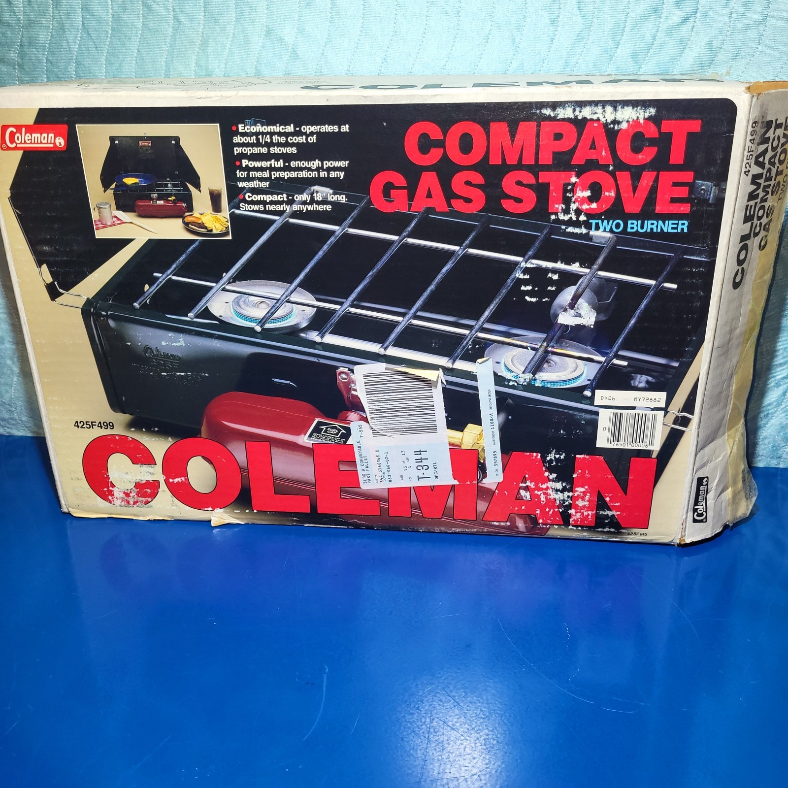 Vintage Coleman 425F499 Two Burner Camp Stove Fuel Gas Red Tank-NEW IN BOX, 8/88