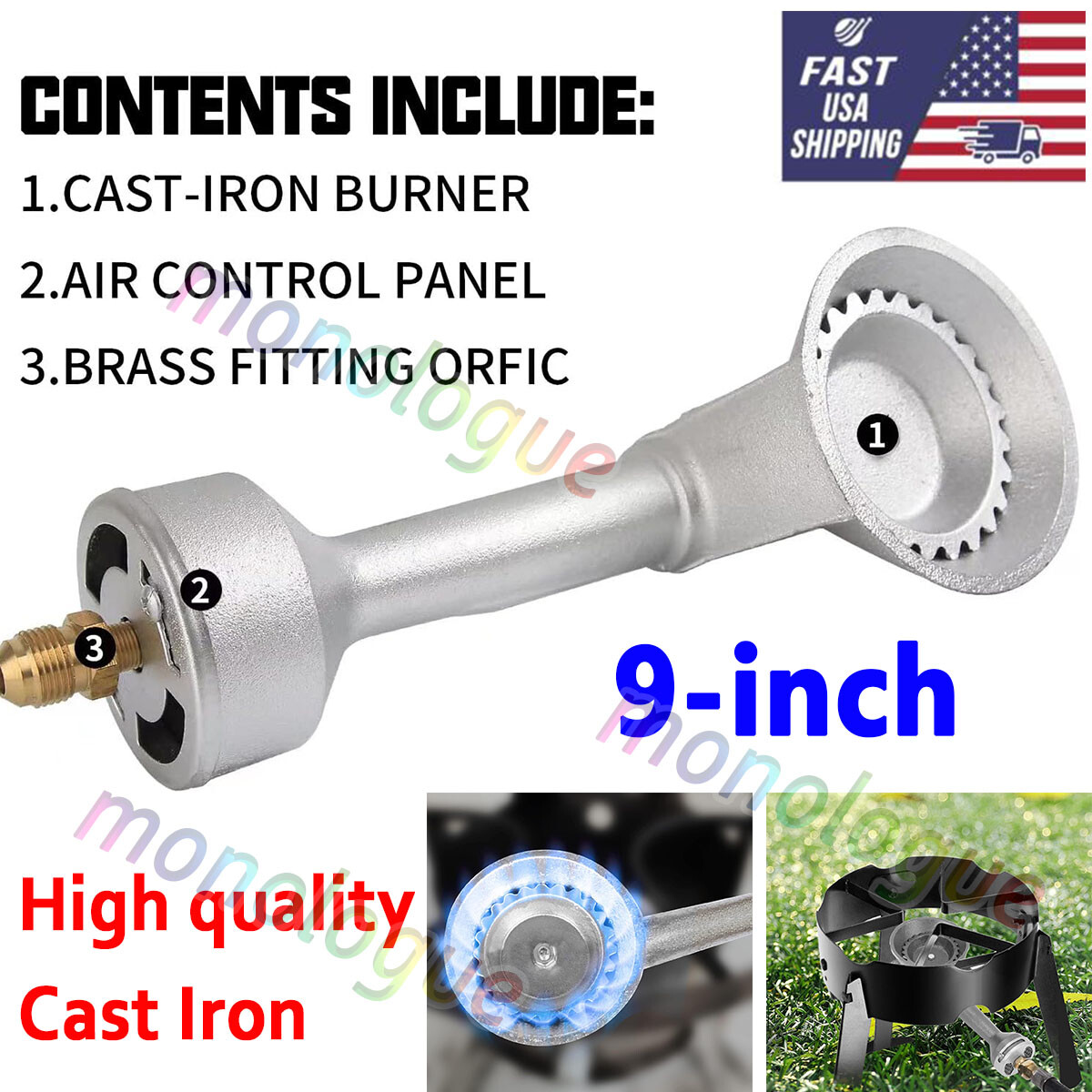 BBQ High Pressure Propane Cast-Iron Round Burner Head with Orifice Brass Fitting