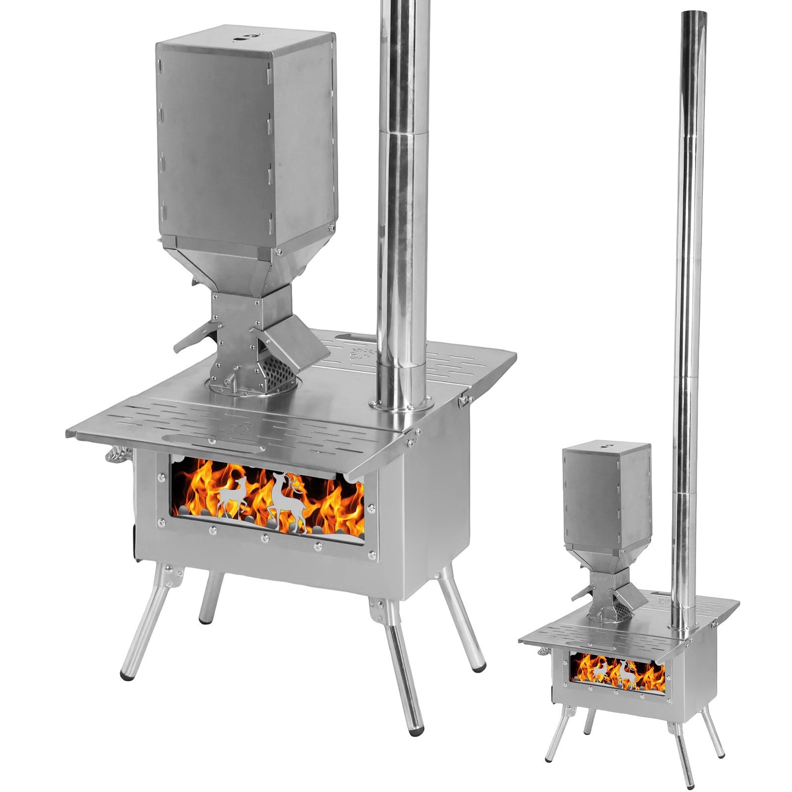 Portable Hot Tent Stove Wood Burning W/ Chimney & View Glass for Camping Outdoor
