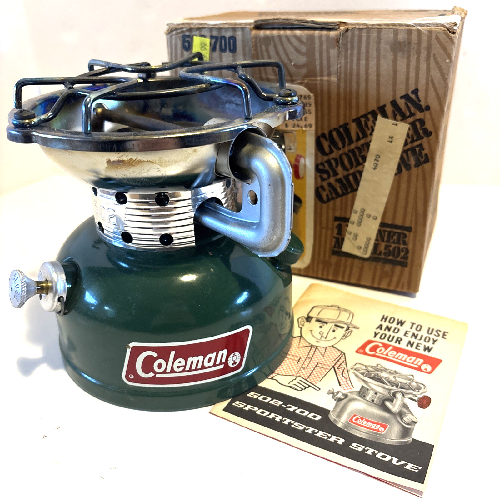 Vintage Coleman 502-700 Sportster Camping Stove w/ Box & Manual Green Made USA