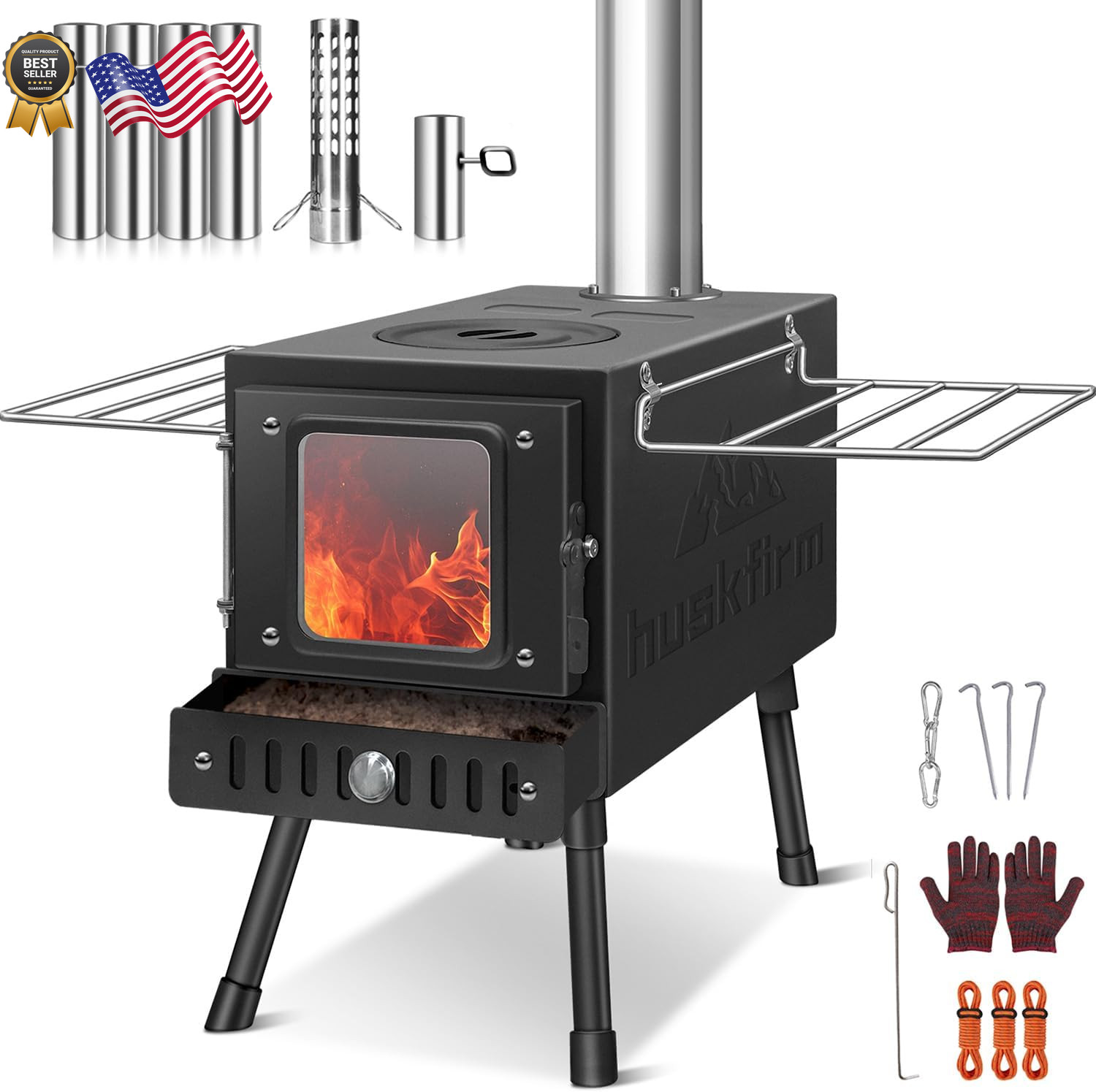 Portable Wood Burning Tent Stove Folding Heater w/ Chimney Pipes Spark Arrestor