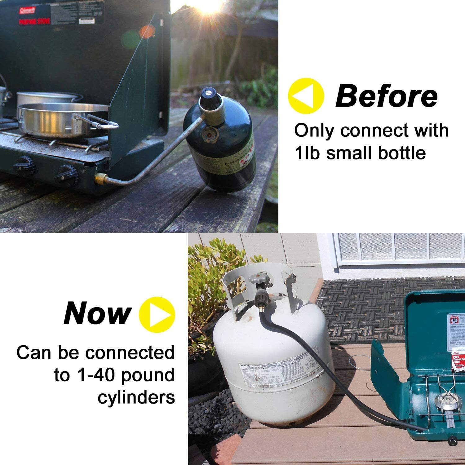 8 FT Propane Hose with QCC1 / Type1 Tank Connects 1lb Appliance to 1-20lb Tank
