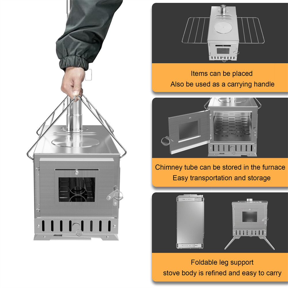 Portable Hot Tent Stove Wood Burning Stove w/ 7 Stainless Chimney Pipes Camping