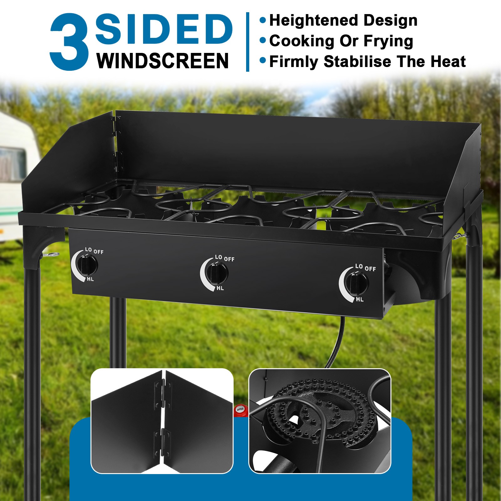 Portable Propane 225,000-BTU 3 Burner Gas Cooker Outdoor Camping Stove Grill