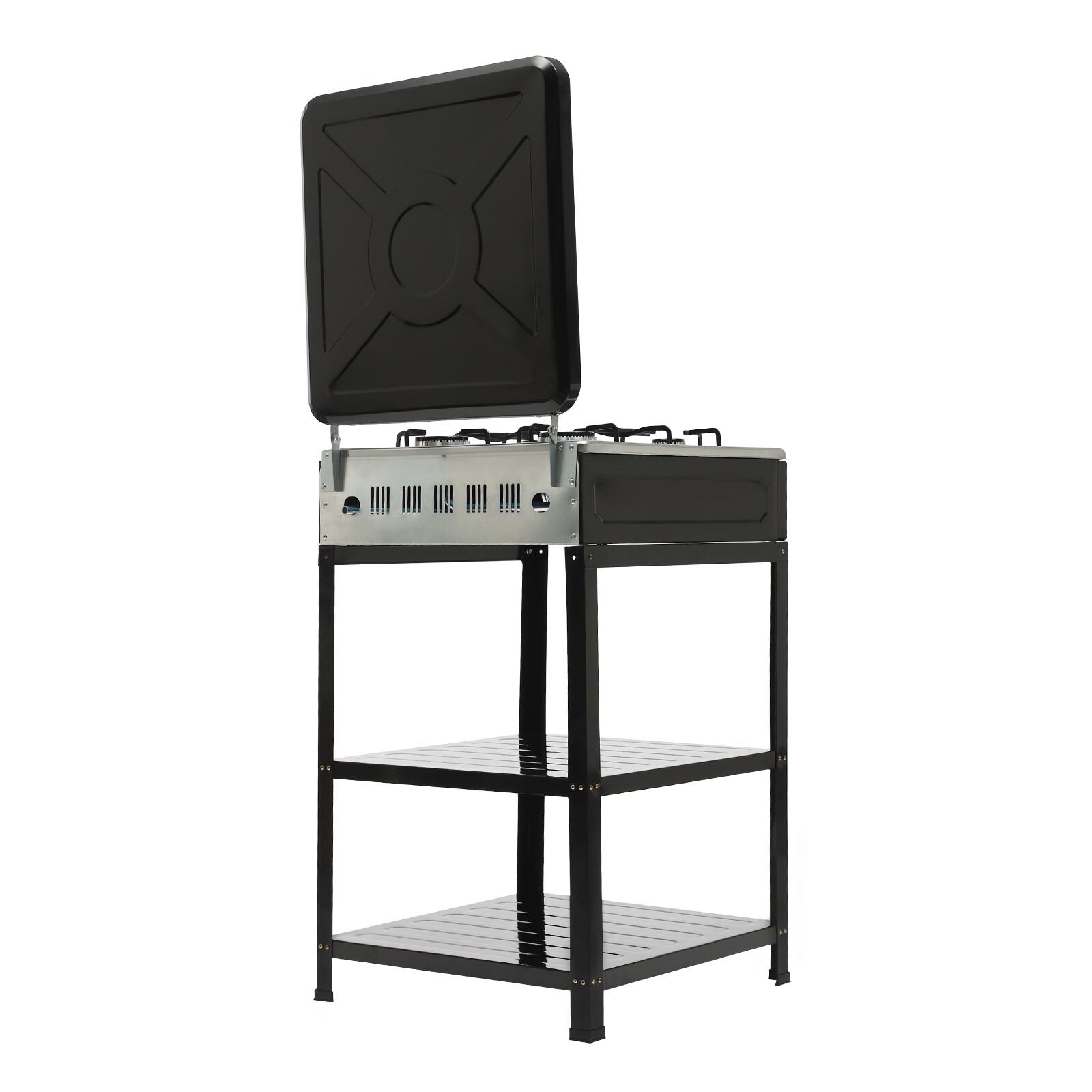 Outdoor Gas 4 Burner Stove Cooker w/Iron Stand 2-Tier Storage w/Windshelter Lid