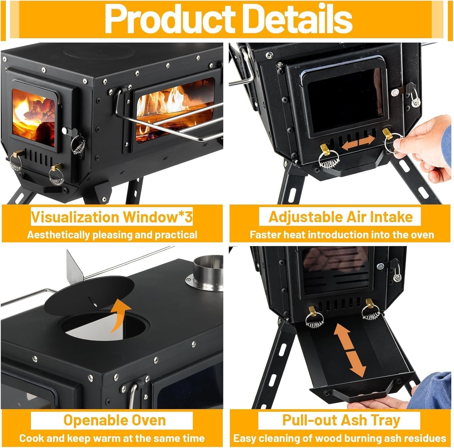 Tent Stove Wood Stove W/ Tall Feet,Portable Hot Tent Stove W/ 6 Stainless