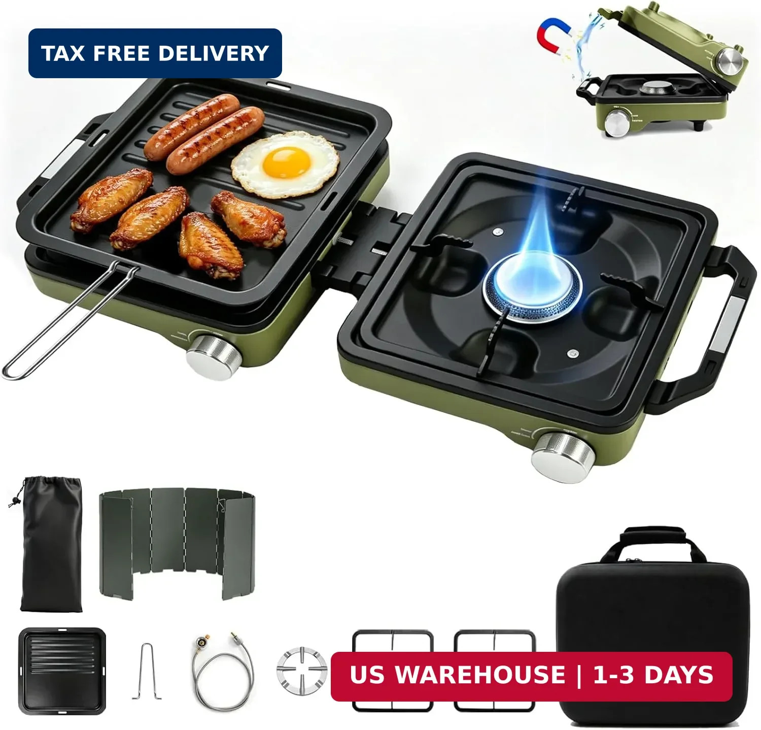 2 Burner Camping Stove with Windshield, 24000 BTU Propane Camp Stove, Portable F