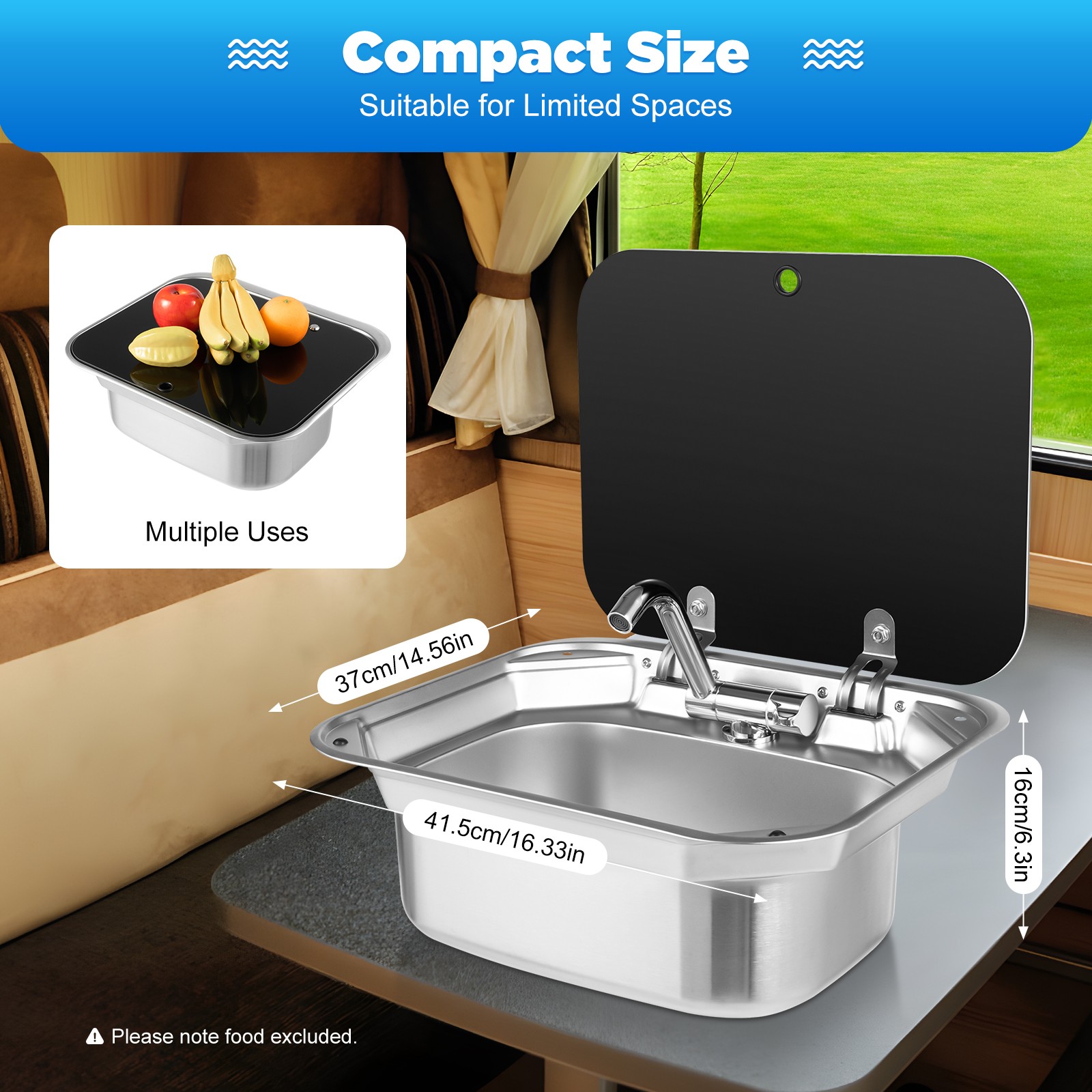 Stainless Steel RV Camper Caravan Trailer Sink Hand Wash Basin W/ Lid & Faucet