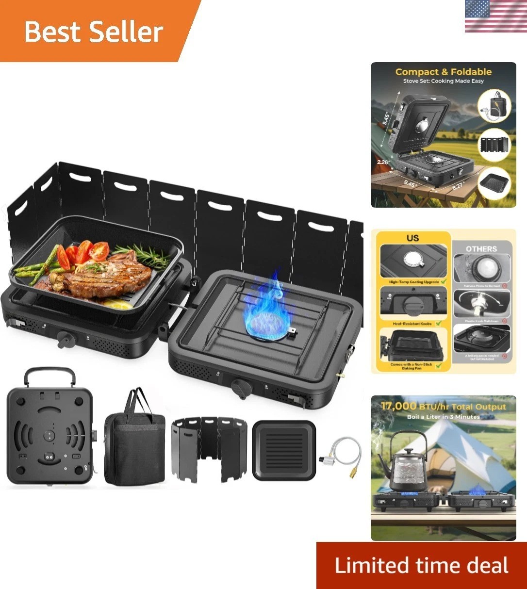 2-Burner Portable Camping Stove with Carry Bag & Wind Shield – 17,000 BTU