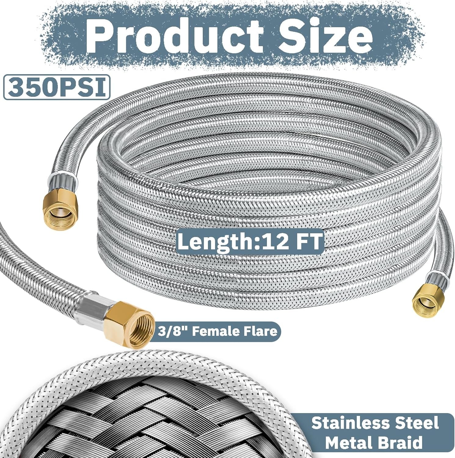 12FT Stainless High Pressure Braided Propane Hose Extension with Silver