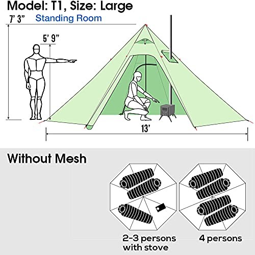 4 Persons 5lb Lightweight Tipi Hot Tents with Stove Jack, 7’3″ Olive Drab
