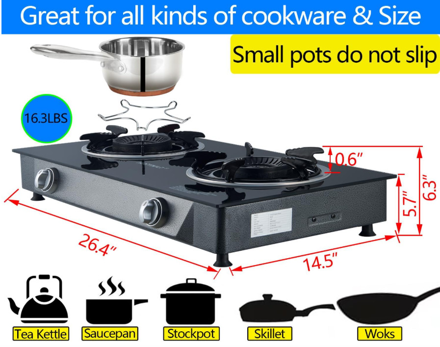 Cocina de gas propano de 2 quemadores con encendido automático, 26 000 BTU, para