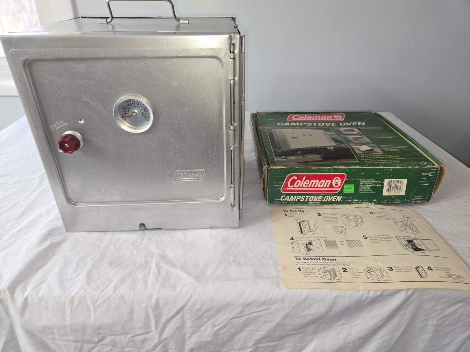 VTG COLEMAN SILVER FOLDING CAMP STOVE TOP OVEN W/ORIGINAL BOX AND INSTRUCTIONS