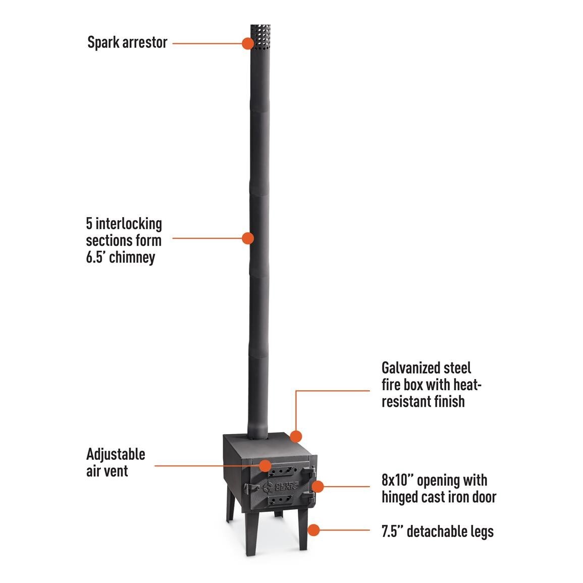 Outdoor Wood Stove Cast Iron Portable Camping Vented Tent Cooking Pipes Included