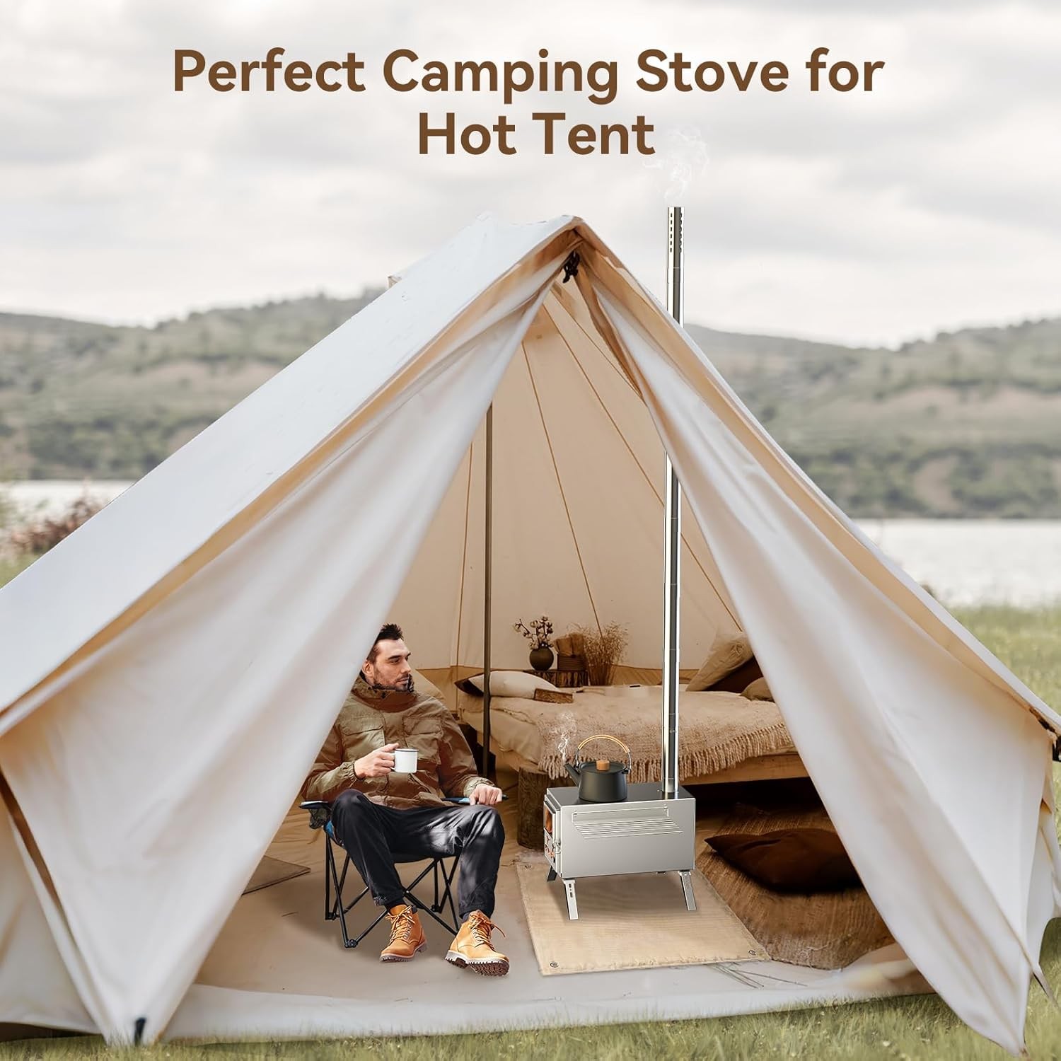 MOPHOTO 2in1 Sauna Hot Tent Stove Burning Stove With Stone Box 8 Chimney Pipes