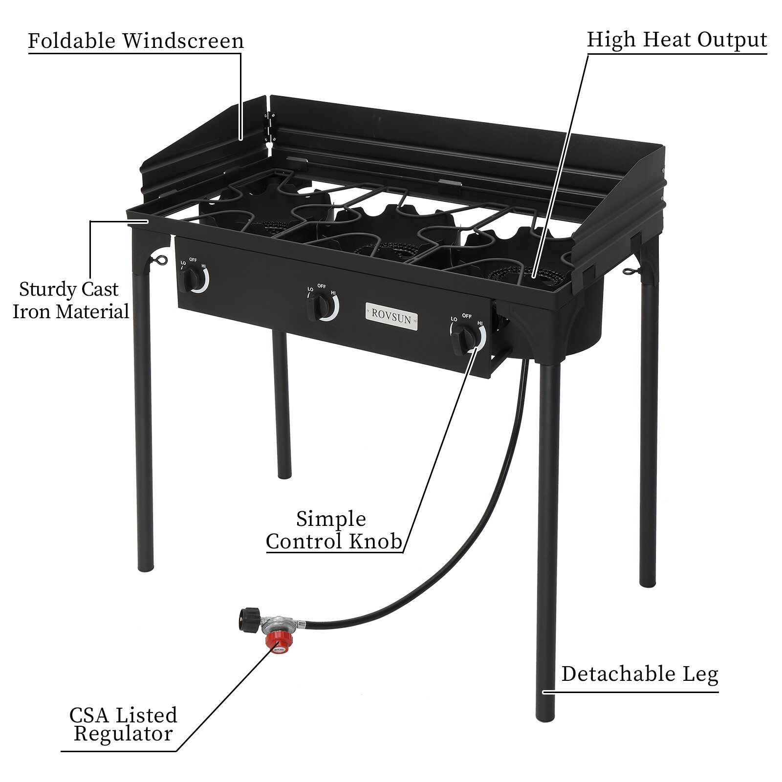 3 Burner Outdoor Camping Stove with Windscreen, 225,000 BTU Propane Gas Cooker
