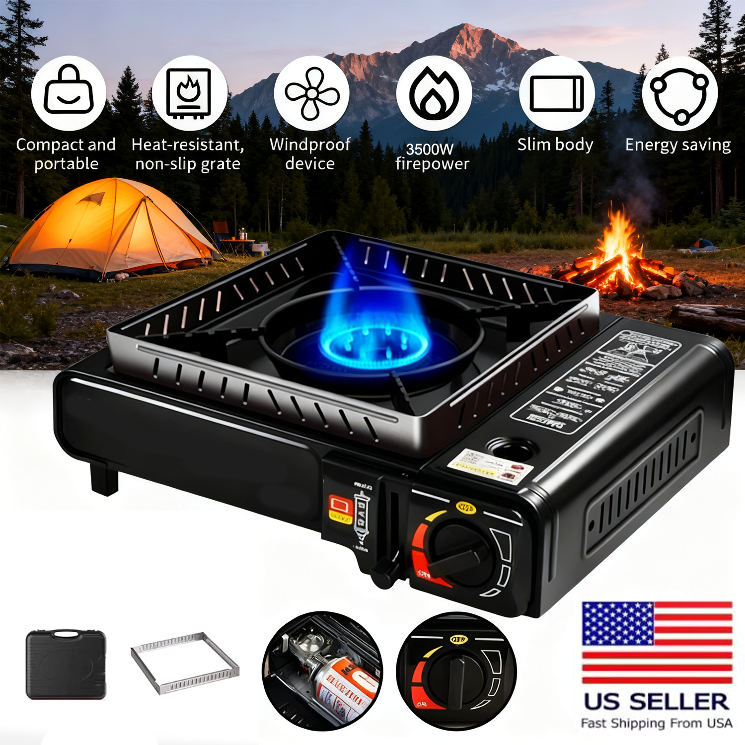3500W Camping Stove Propane&Butane Windproof Fire Dual Fuel Brass Cooking Burner