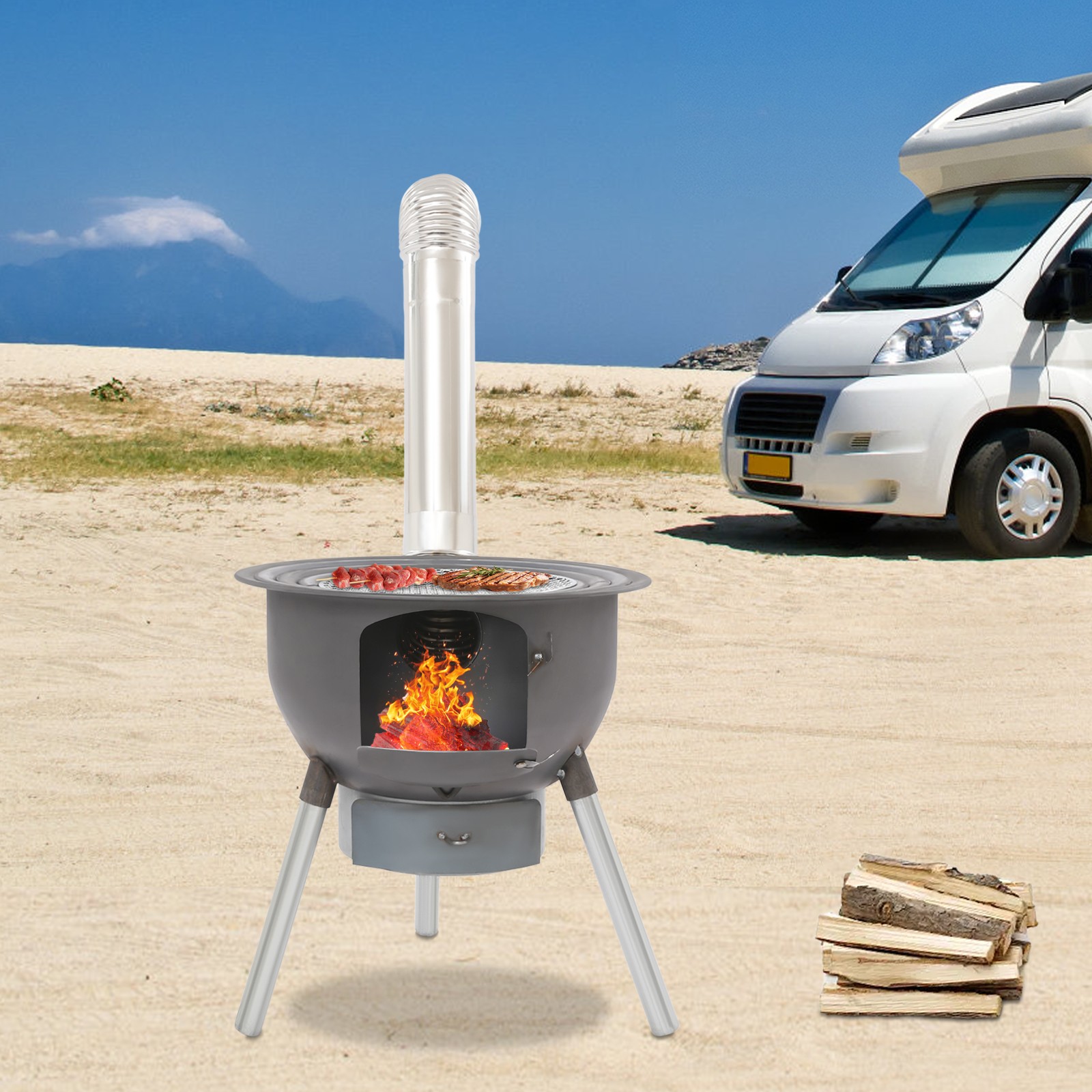 Wood Stove Portable Camping Wood Burning Stove with Chimney Pipe BBQ Stove New！