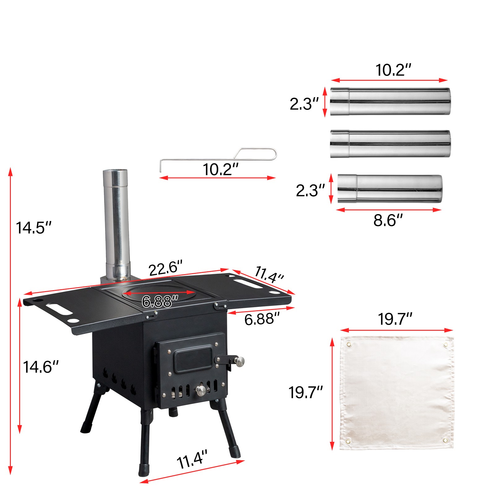 Camping Wood Stove Stainless Steel Camping Tent Stove Burning Stove with 3 Pipes