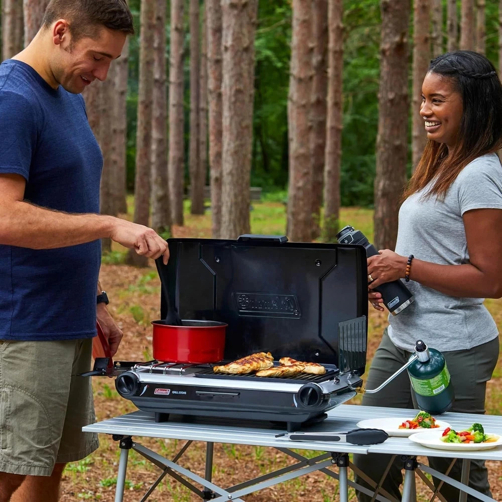 Tabletop 2-In-1 Camping Grill/Stove, 2-Burner Propane Grill & Stove with Adjusta