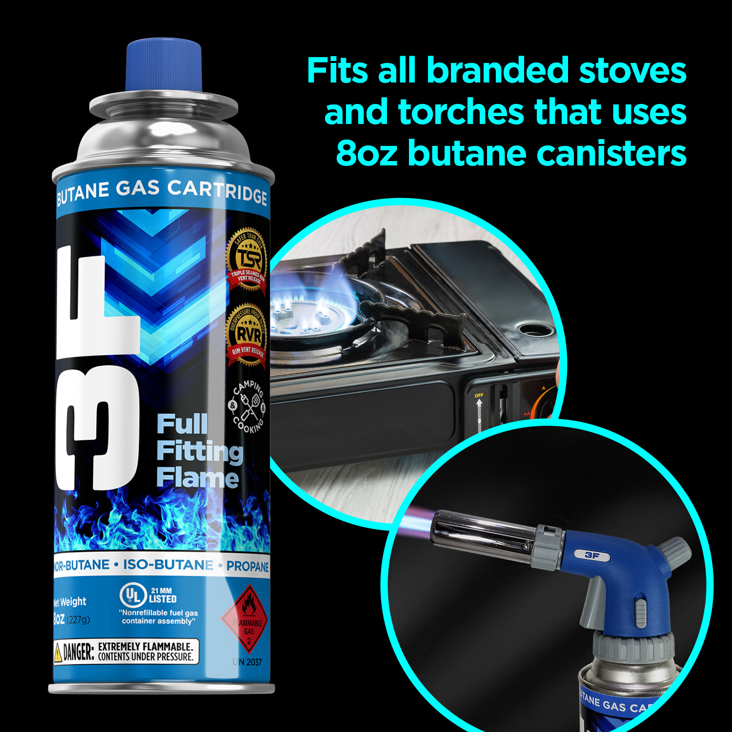 Butane Fuel, Pure-Refined, 8oz, For All Camping Stoves Compatible With 8oz Cans