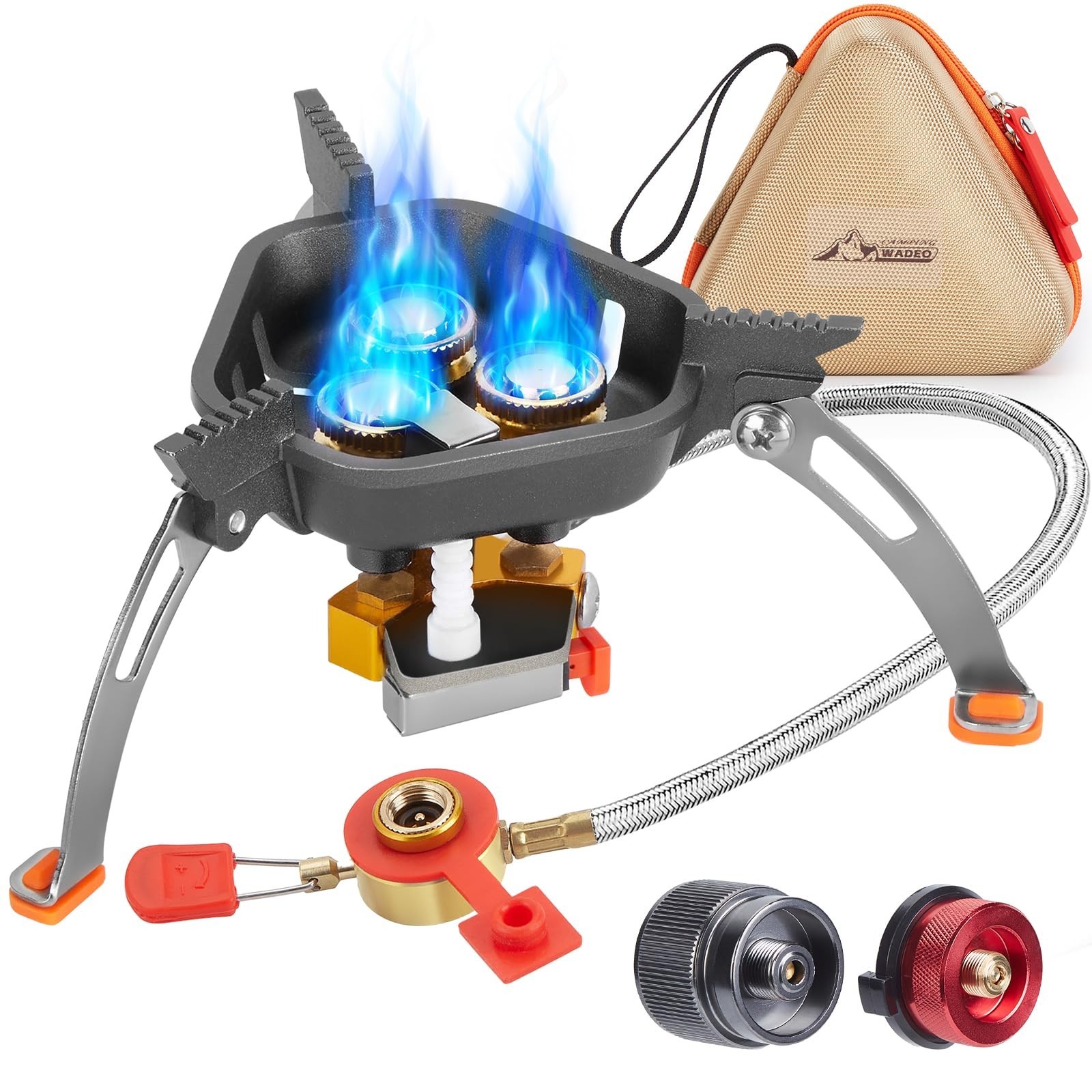 7200W Windproof Camping Stove with Piezo Ignition, 2 Fuel Canister Adapter, Bag