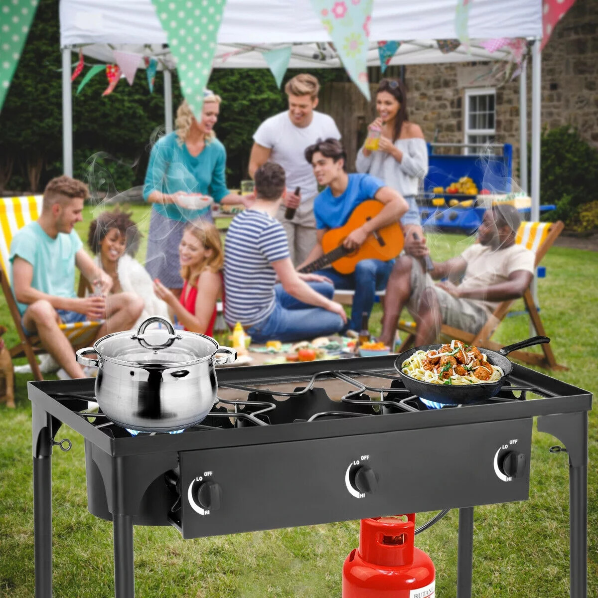 Portable Propane 225,000-BTU 3 Burner Propane Gas Cooker Outdoor Camp Stove BBQ
