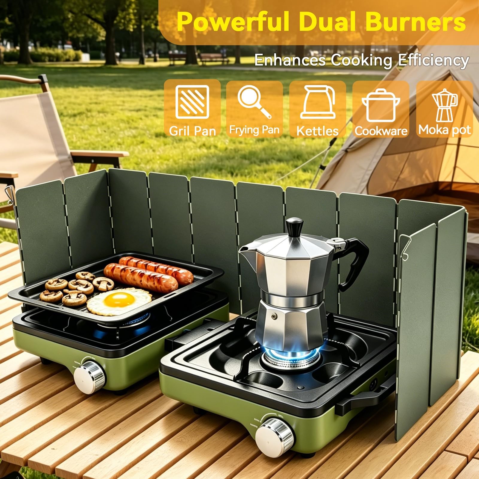 Firxzymz 2 Burner Camping Stove Windshield 24000 Btu Propane Camp Stove