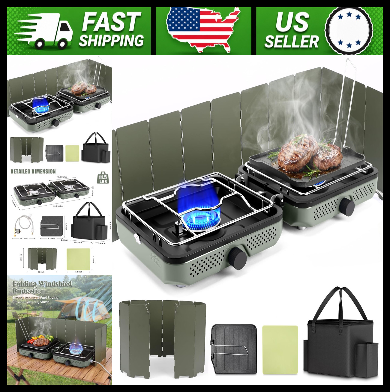Hisencn 2 Burner Propane Camping Stove with Windscreen Carry Bag