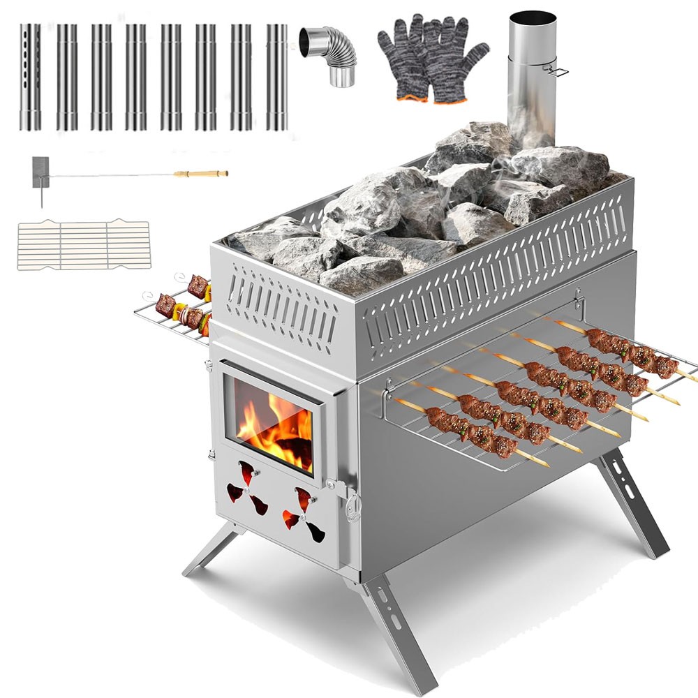 MOPHOTO 2in1 Sauna Hot Tent Stove Burning Stove With Stone Box 8 Chimney Pipes