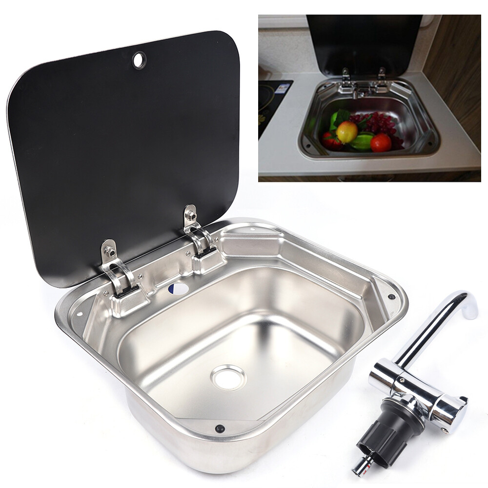 RV Caravan Camper Sink Stainless Steel Hand Wash Basin with Glass Lid & Faucet
