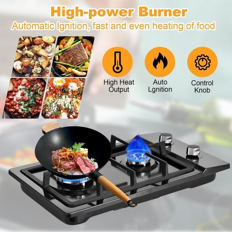 Kitchen 20 inch Gas Cooktop 2 burners NG/LPG Stainless Steel Tempered Glass New