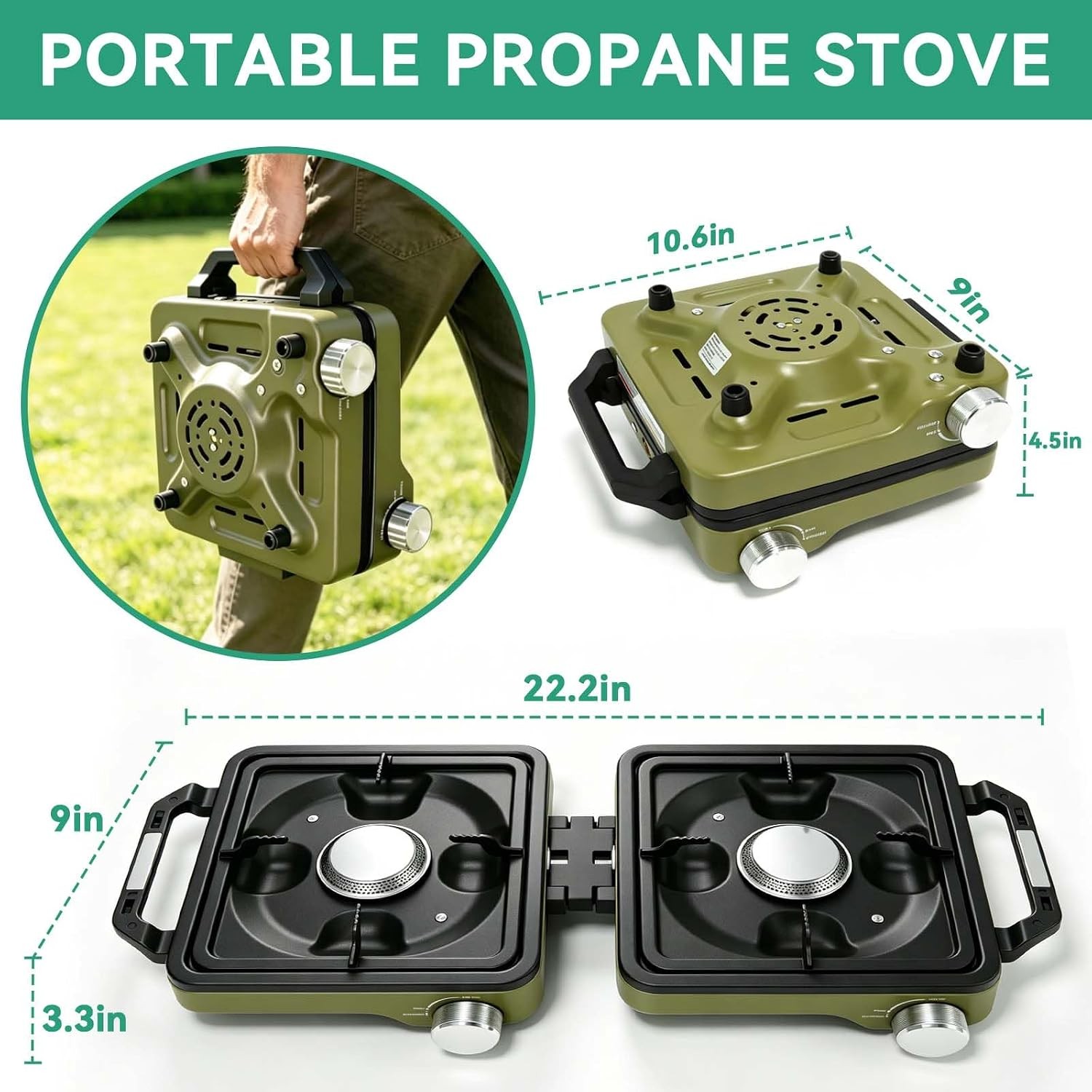2 Burner Portable Camp Stove 24000 BTU Propane Camping Stove W/ Windshield