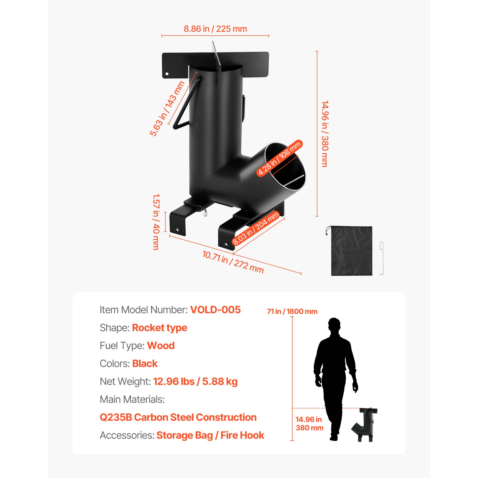 Uimoso Portable Camping Rocket Stove, Wood-Fueled, Carbon Steel, Black