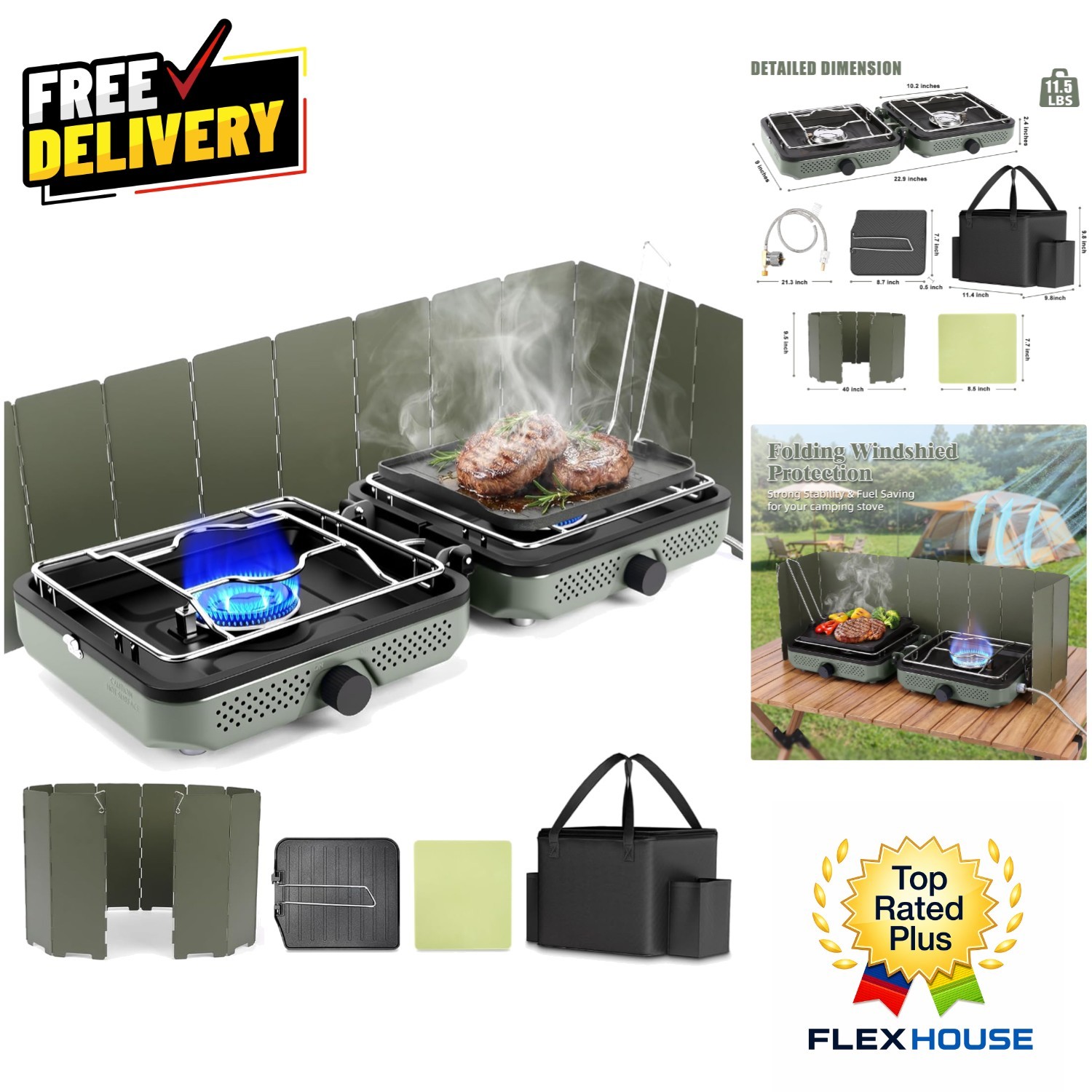 All-in-One Camping Stove Set: 2 Burners, Windscreen, Cutting Board & Grill Plate