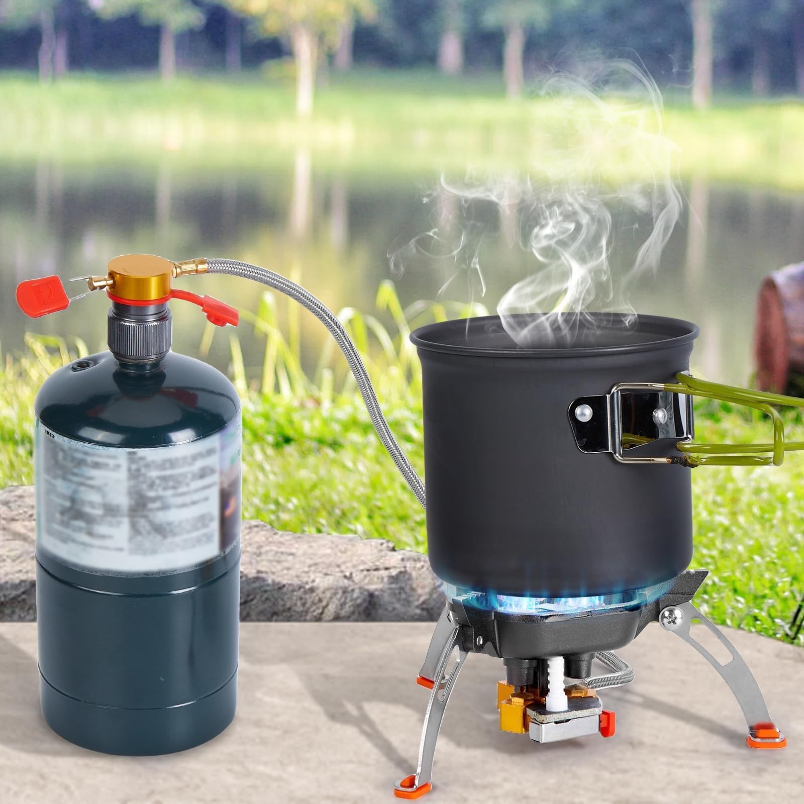 7200W Windproof Camping Stove with Piezo Ignition, 2 Fuel Canister Adapter, Bag