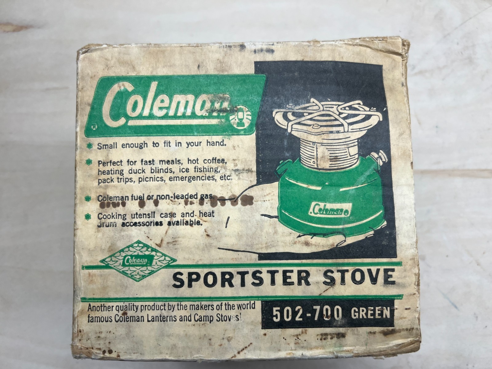 1963 Coleman 502 Camping Sportster Green Stove One Burner VINTAGE with Box