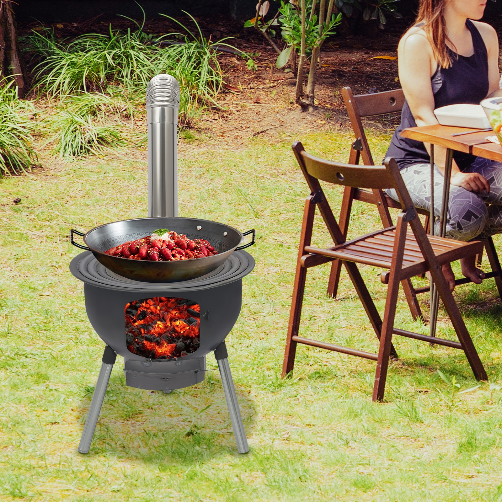 Wood Burning Stove with Grill Rack Charcoal Grill Camping Rocket Stove Outdoor