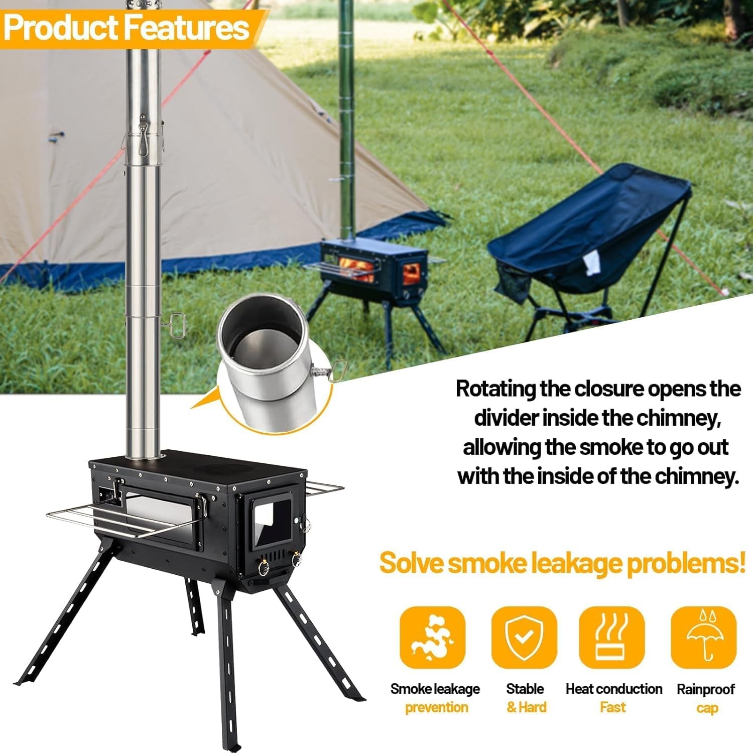 Tent Stove Wood Stove W/ Tall Feet,Portable Hot Tent Stove W/ 6 Stainless