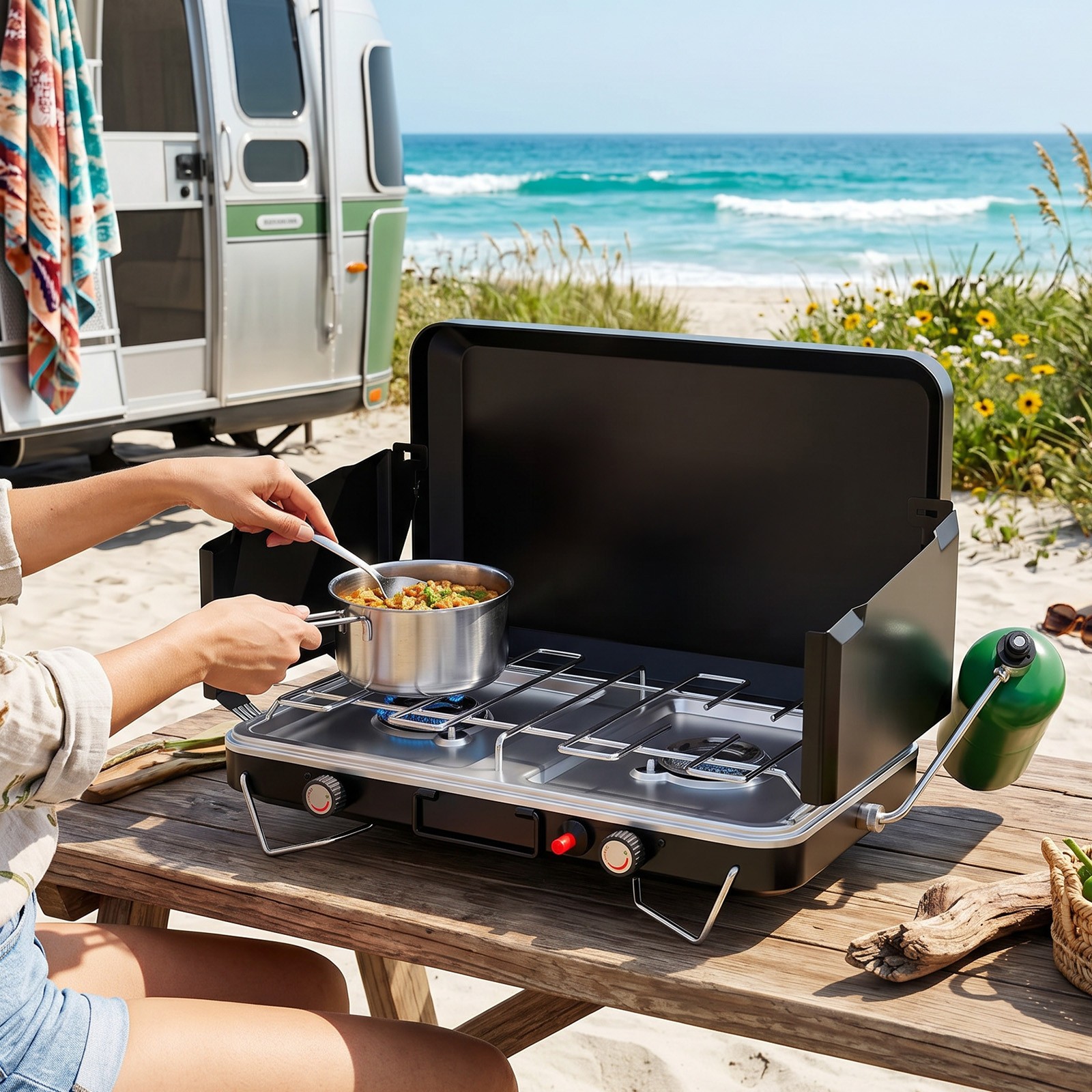 2/3 Burner Portable Camping Stove w/ Handle, Foldable Wind Panel for Camp Grill