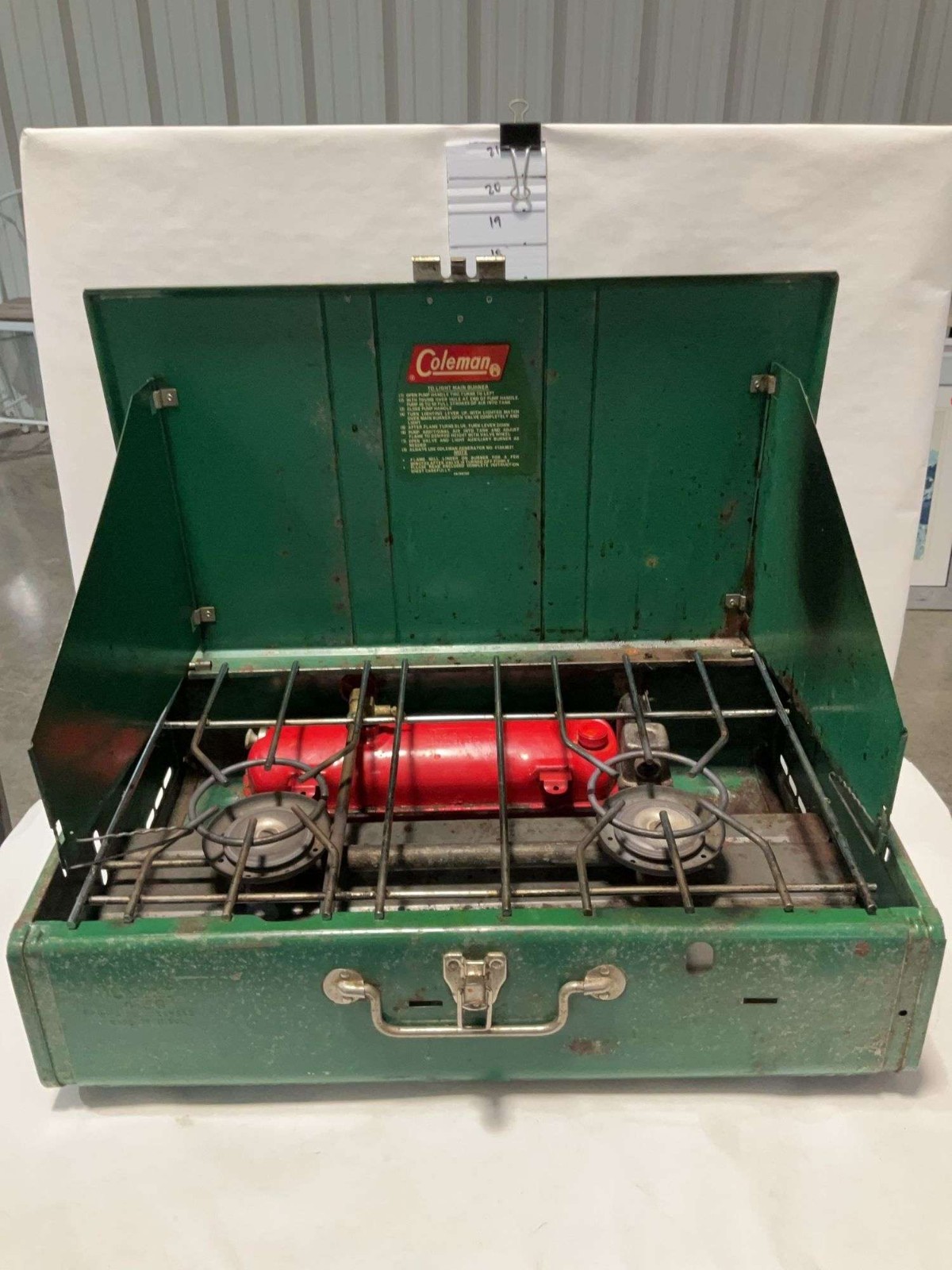 Coleman 413A Two Burner Green Camp Stove with Red Fuel Tank Vintage