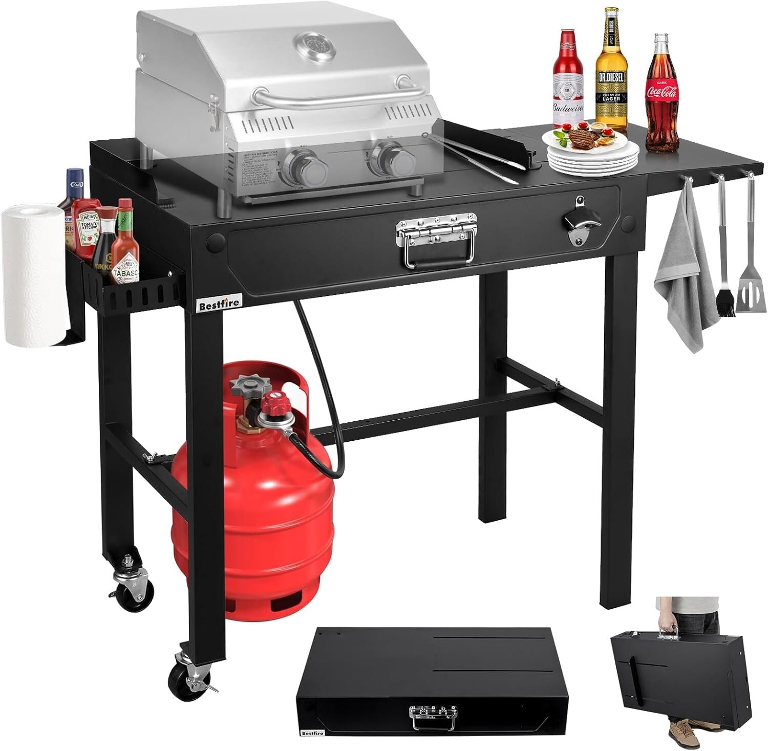 Portable Foldable BBQ Cart w/ Wheels Fits 17/22″ Griddles Sturdy Steel Camping