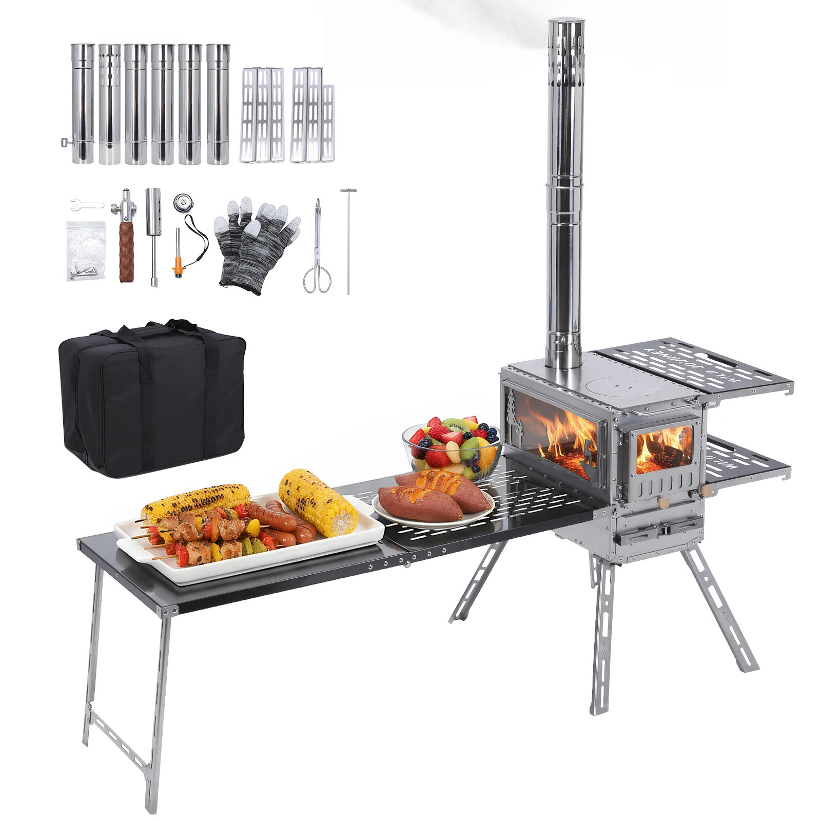 Camping Stove with Oven & Camping Table with Chimney Pipe Multi-Fuel Camp Stove